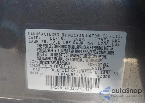 2018 Nissan Versa 1.6 Sv z USA, uszkodzony, nr VIN 3N1CN7AP0JL855937